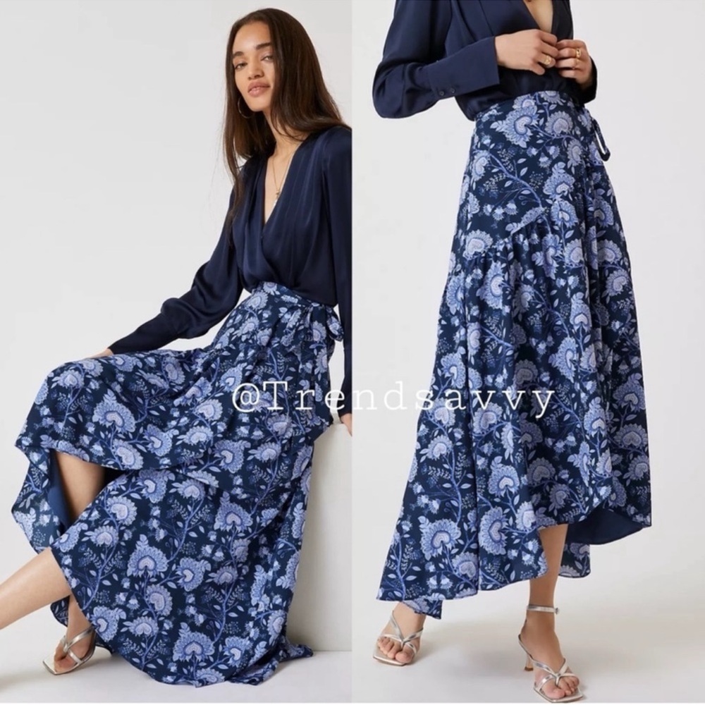 Anthropologie Hutch Blue Floral High Low Wrap Maxi Skirt XS NWT